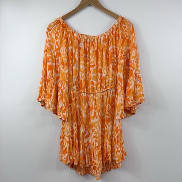 Women’s Dress Size Small Orange Resort Beach Vacation Cover Up Ruffles Print - Picture 2 of 7